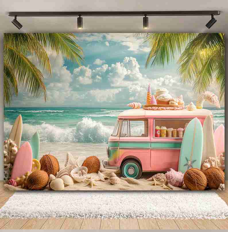 Summer Beach Backdrop Tropical Hawaii Seaside Ice Cream Truck Palm Tree Surfboard Kids Birthday Decor Photography Background Vinyl 90x60cm