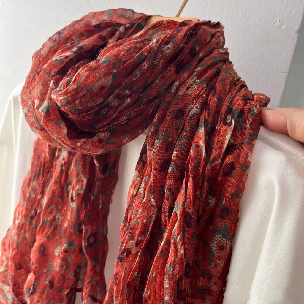 New Retro Literary Imitation Cotton And Linen Pleated Thin Versatile Shawl Small Floral Scarf Yarn Japanese Fashion Trend