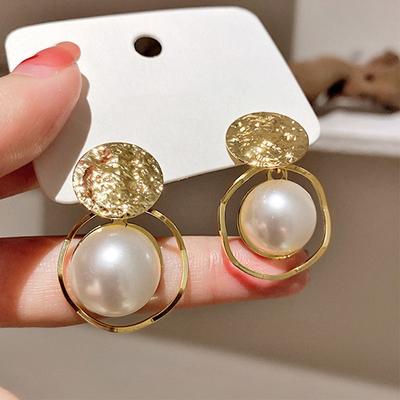 Irregular Round Large Pearl Hollowed Geometric Hammered Metal Earrings For Women Party Gift Fashion Jewelry