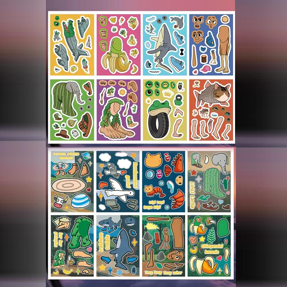 16/8 Sheets Italian Brainrot Sticker Tungtungtung Sahur Tralalero Tralala Shark Stickers Make a Face Puzzle Game Birthday Gift