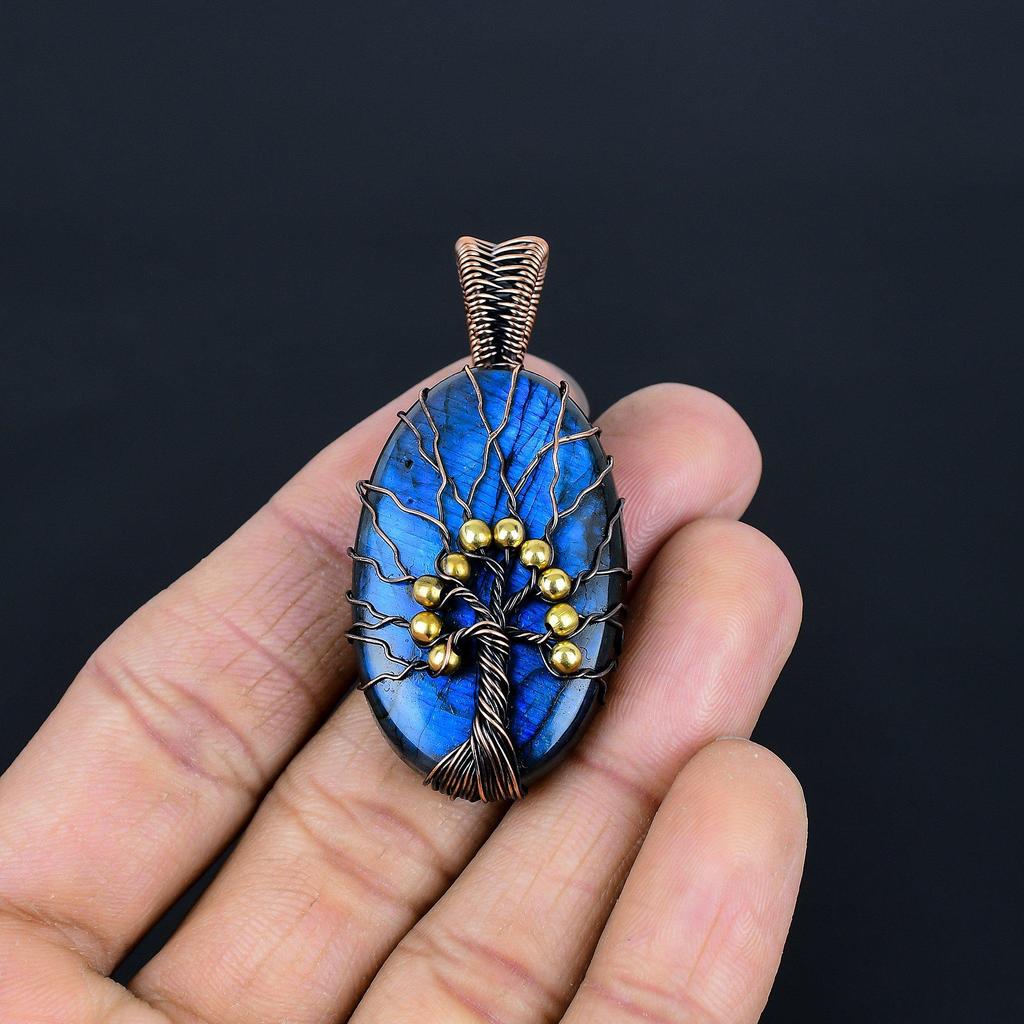 Tree Of Life Labradorite Pendant, Handmade Gemstone 999 Copper Wire Wrapped Pendant Antique Jewelry, For Gift Silver Jewelry