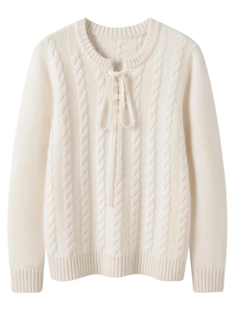 Women's Autumn/Winter 2026 Cashmere Cable Knit Lace-Up Sweater - Round Neck, Loose Fit, Slimming, Gentle Style.