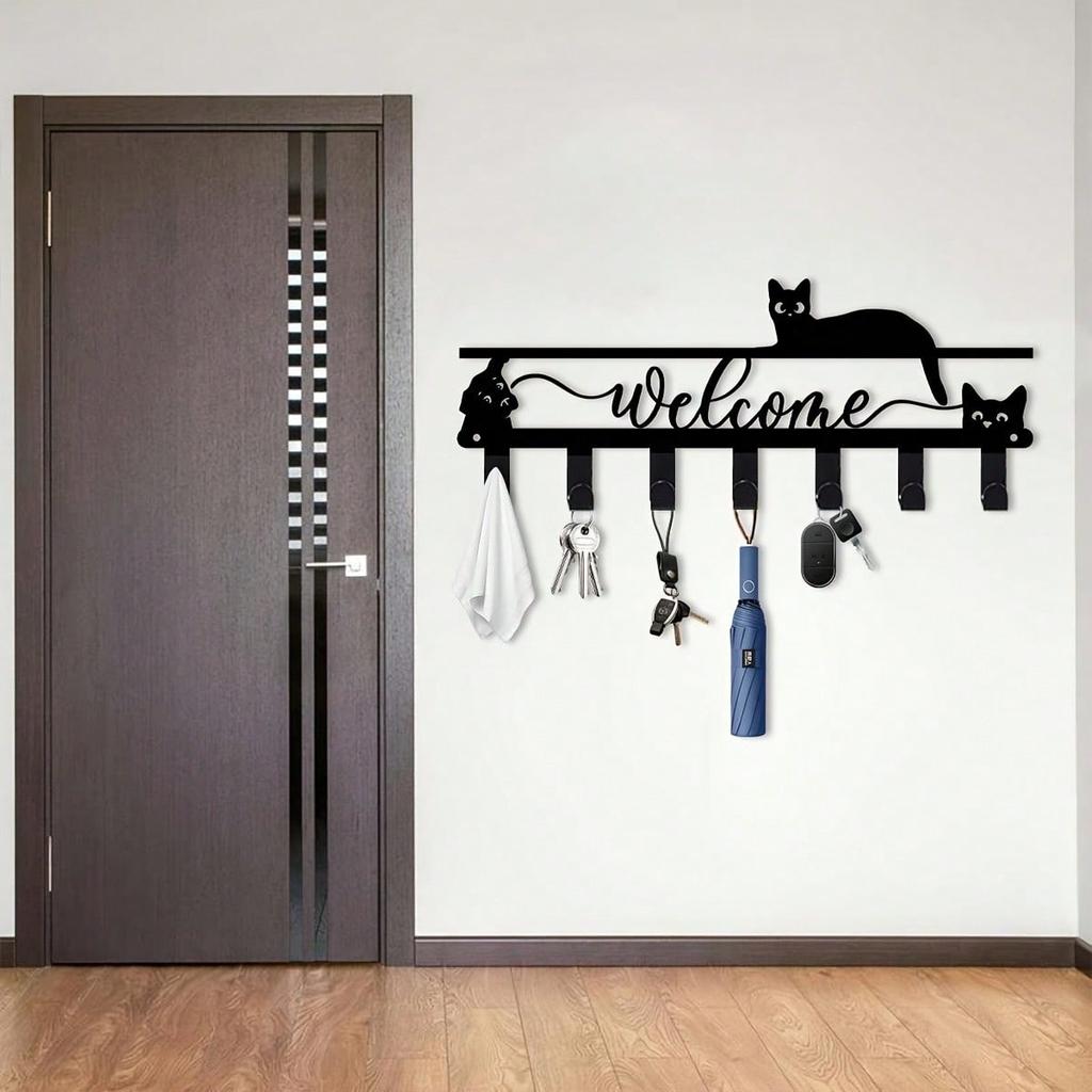 Bohemian Welcome Cat Metal Key Holder Multi Hook Wall Decor Gift for Cat Lovers