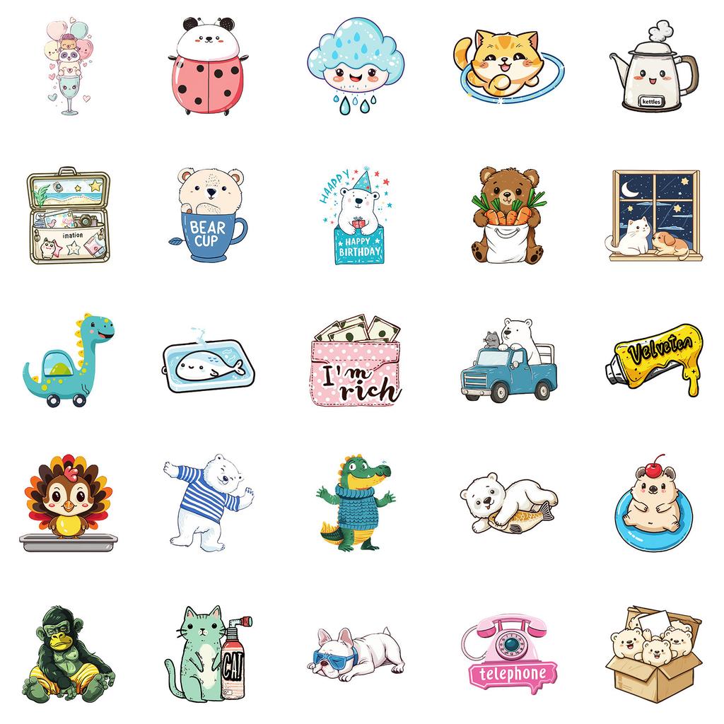 50 Pp Material Waterproof Stickers Cute Cartoon Small Animals Decoration Stickers DIY Hand Account