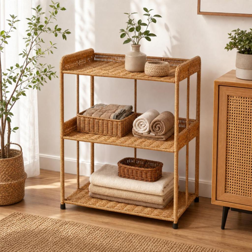 3-Tier Rattan Organizer Boho Storage Rack Bohemian Woven