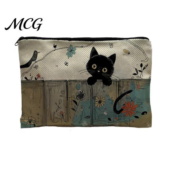 Leak-proof Storage Pouch Cat Printed Bag, with Smooth Zipper, Thickened Polyester Black Zipper Bag Makeup Multipurpose Pencil Case Travel Toiletry