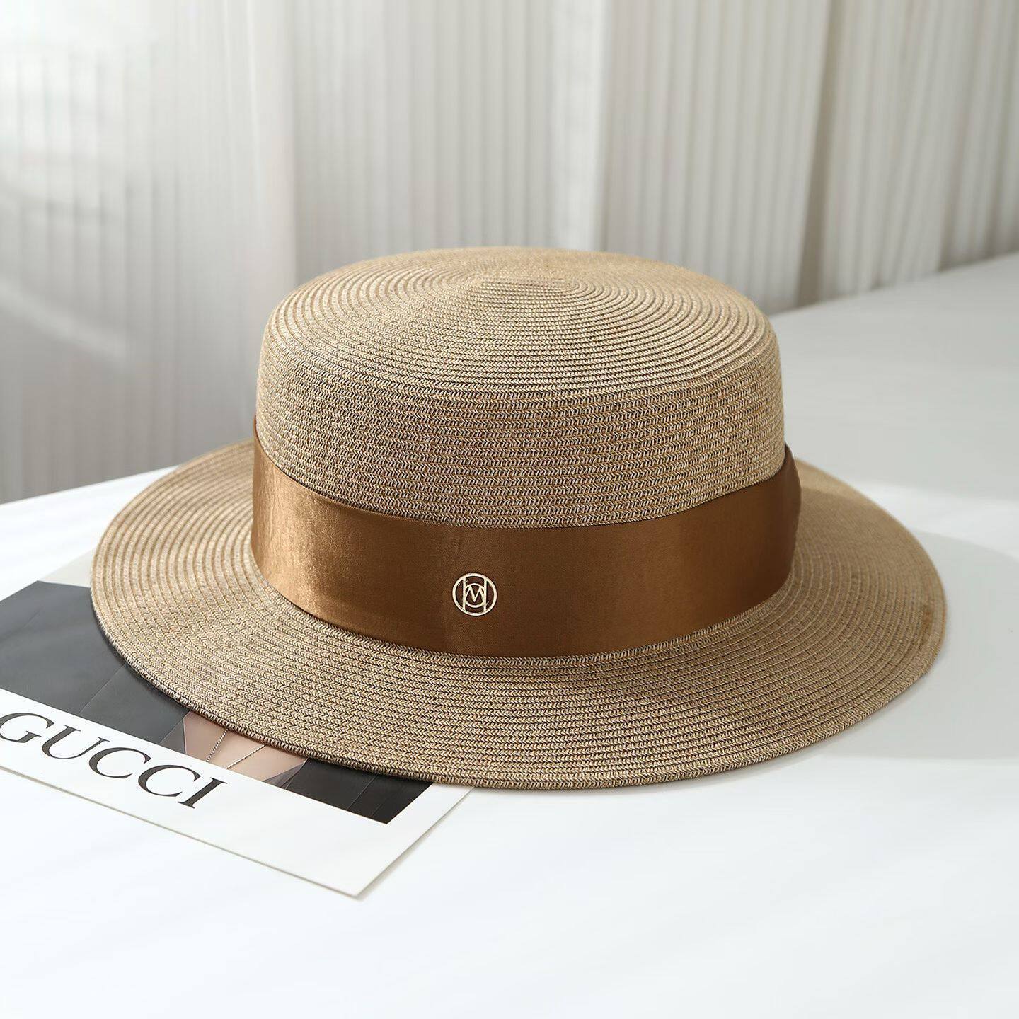 

French flat top straw hat women s summer seaside vacation beach sun protection sun shade beach hat sun hat M（55-58cm）