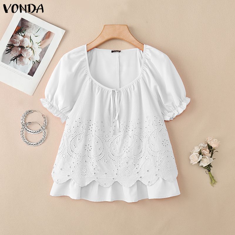 VONDA Camicie Bluse Casual Estive da Donna con Scollo a U, Intreccio di Pizzo all'Uncinetto sul Davanti, Manica Corta