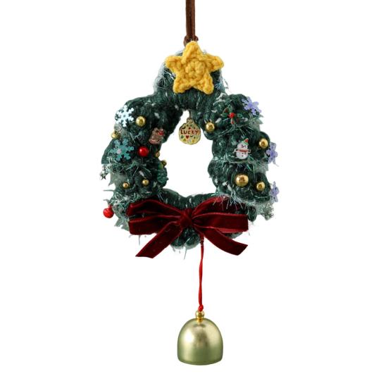 Christmas Crochet Wreath Hanging Decoration Xmas Tree Car Rearview Mirror Hanging Handmade Wreath Bell Ornament Holliday Party Pendant