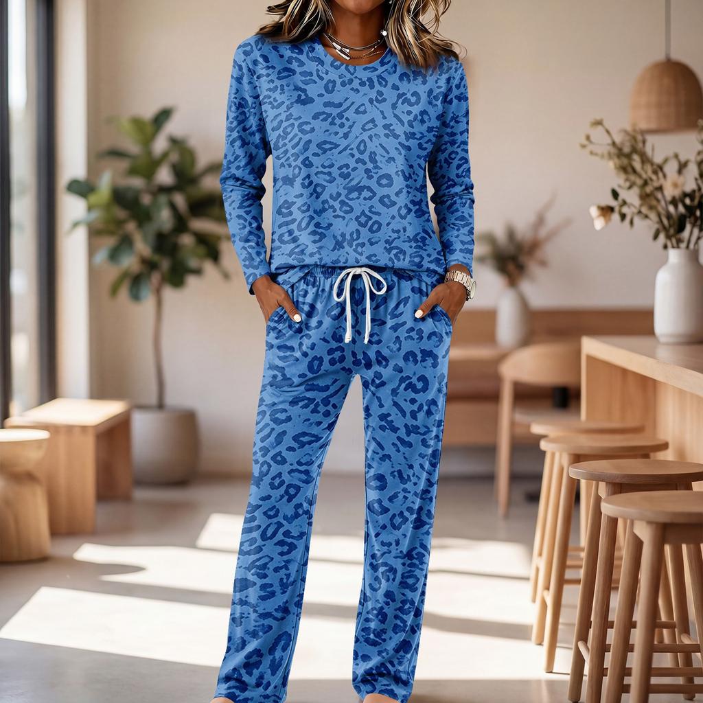 Casual Pajama Set with Long Sleeve Round Neck Top and Wide Leg Pants for Home Lounging
