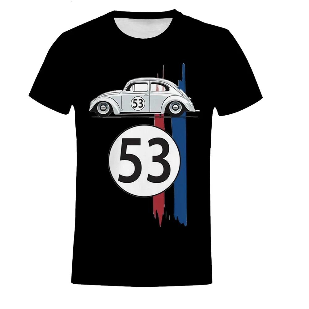 Beetle 53 Number Men's T-shirt, Herbie Car Short Sleeve Simple T-shirts, Rally Car T-shirts, Men's 3D Printed Black T-shirt