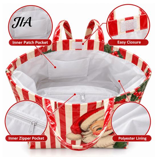 Reinforced Handle Carrying Bag Christmas PVC Tote Bag, Large Waterproof Shoulder Santa Deer Tree Stylish Holiday Gift Print, Reusable Grocery