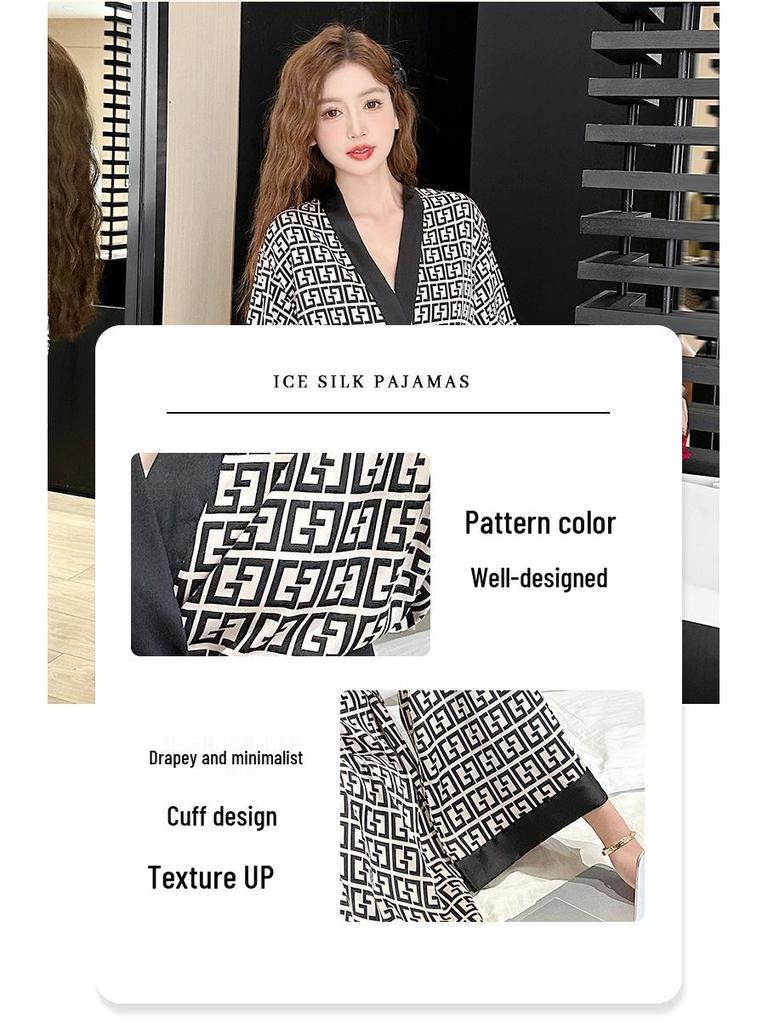 Women's Plus Size Ice Silk Long Sleeve Nightgown - Spring/Autumn High-End Print, Suitable for Outdoor Wear