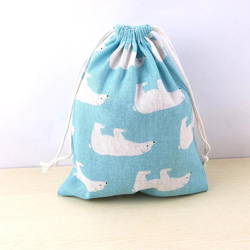 Cotton Linen Drawstring Bag Cute Cartoon Pattern Animal Plant Printed Pouch Dustproof Storage Bag Gift Packaging Bags