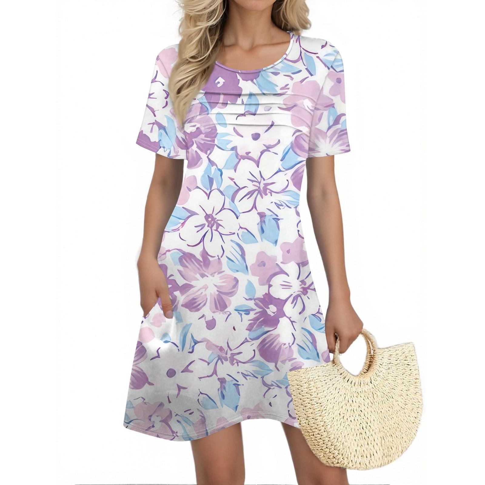 Women s Summer Dresses Women s Summer Floral Print Dresses Short Sleeve Round Tie Pocket Casual Dresses M