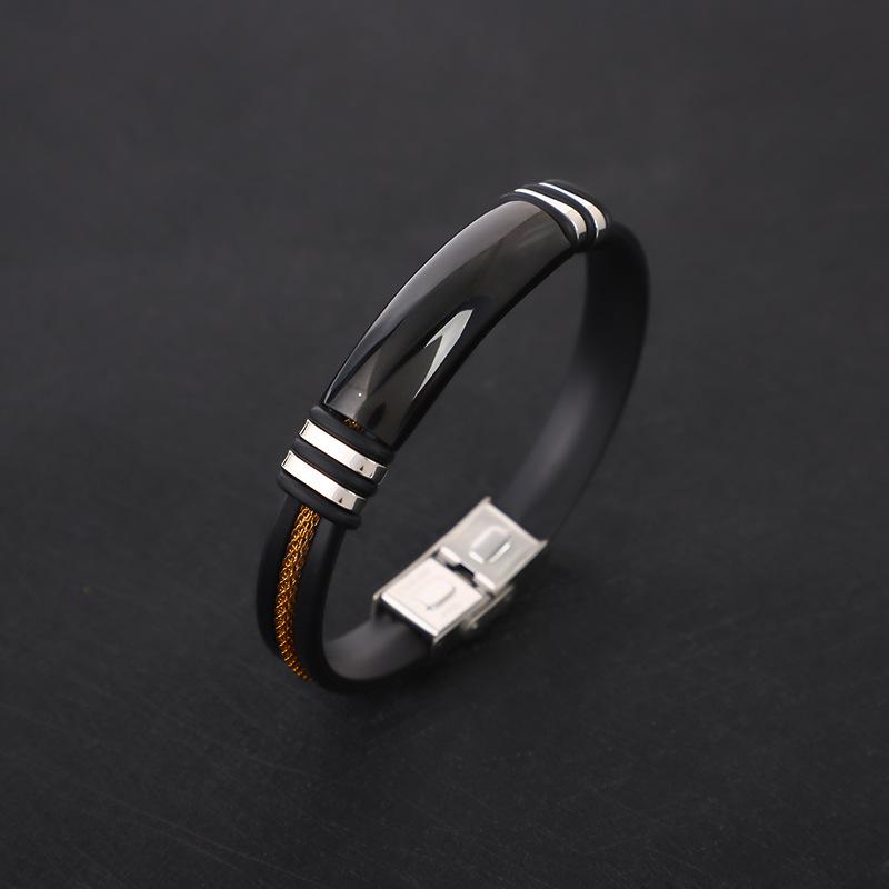 Pánský černý stříbrný zlatý náramek z titanové oceli a silikonu s gravírovanou nerezovou ocelí