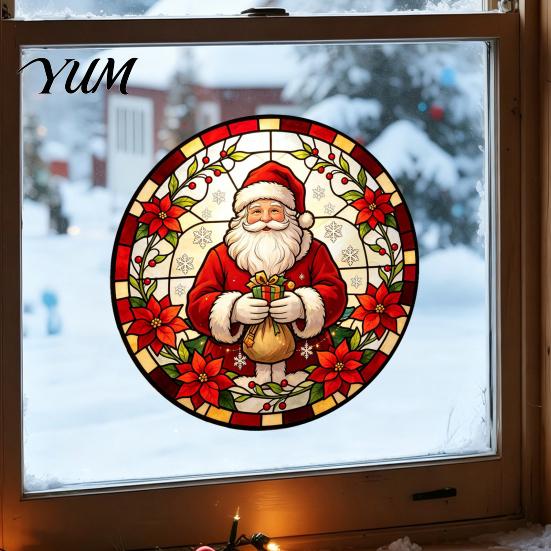 Christmas Party Glass Decorations Round Window Sticker, Stained Style, Removable Static Film Cling, Santa Claus Tree PVC Decal for Holiday Home Decor