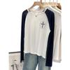 Women's Retro Color Block Crew Neck Long Sleeve Cross Print T-shirt for Autumn/Winter