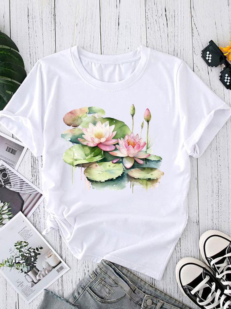 (Asian Size) Tee Fashion Print Casual Top O-neck Short Sleeve T-shirts Sweet Flower Style 90s T Graphic Female Women's Clothing