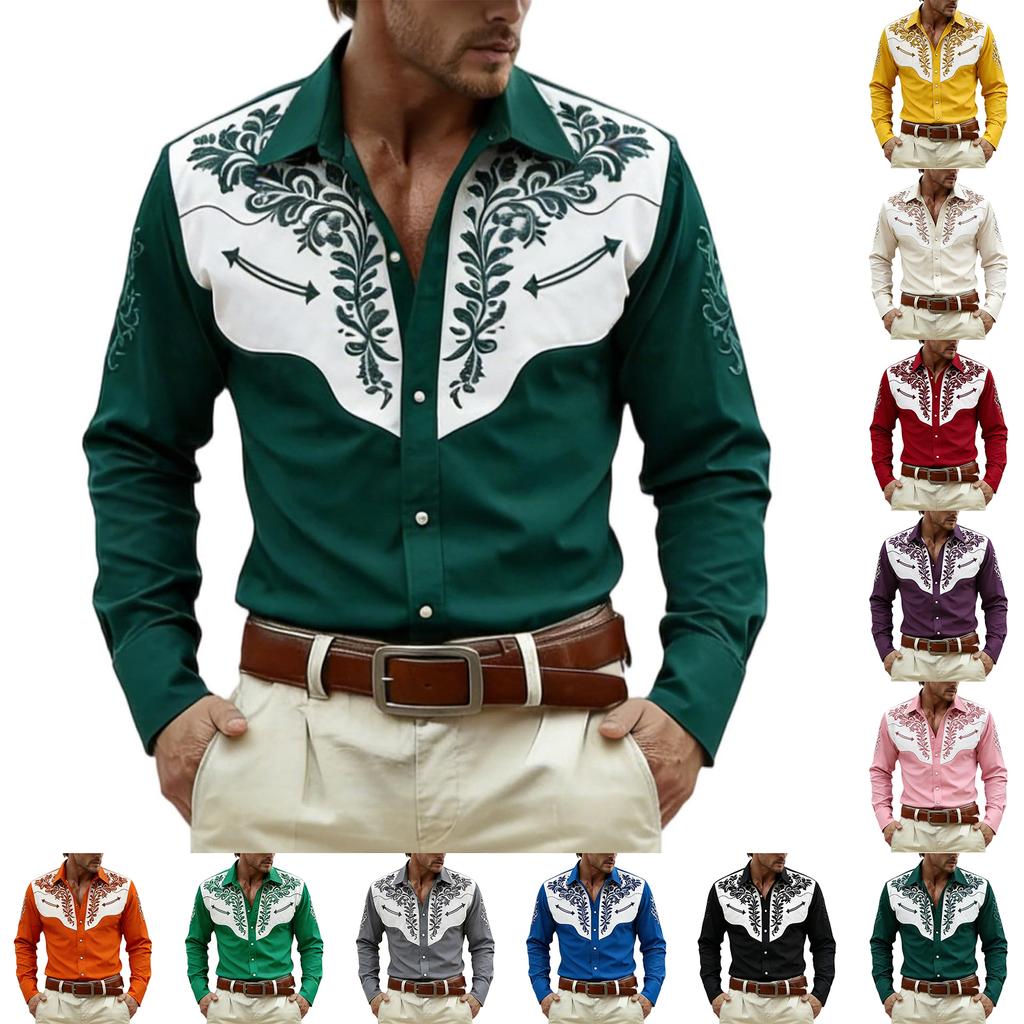 Camisa de manga larga para hombre con botones y cuello estampado para uso casual