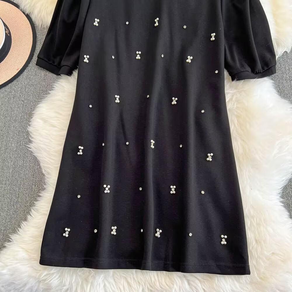 Summer Women Luxury Beading Pearl Black Half Sleeve Mini Short Straight Casual Dresses