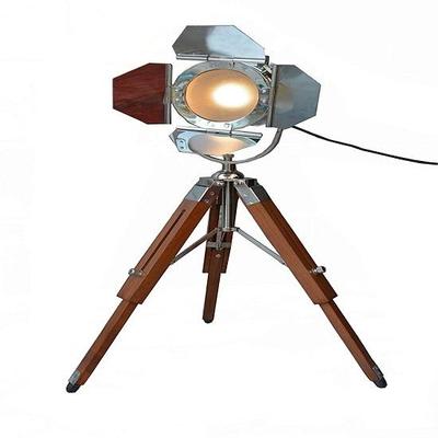 Small Desk Search Light with Wooden Tripod Stand - Home Decor Nickle Finish Table Light