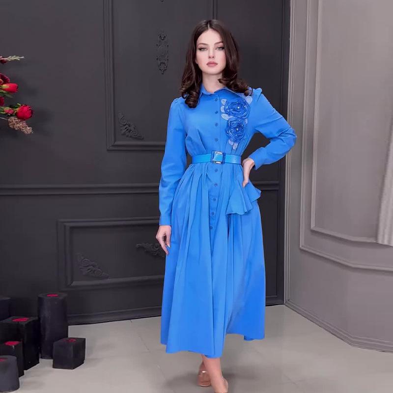 2024 Autumn European & American Women's Elegant Long-Sleeved Dress with 3D Floral Design