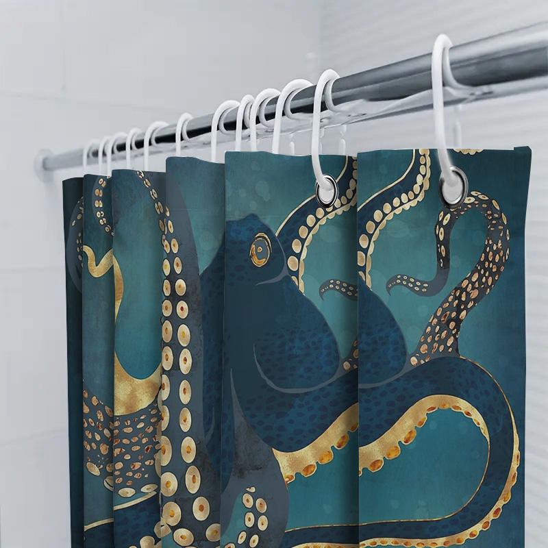 Ocean Octopus Shower Curtain Sea Life Coastal Bathroom Decor Nautical Teal Blue Waterproof Shower Curtain Set Vintage Wall Art
