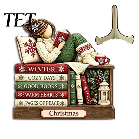 Festival Atmosphere Decor Christmas Wooden Table Sign, 2D Flat Santa Claus/Snowman Reading Desktop Ornament Xmas Home with Stand, Holiday Tabletop