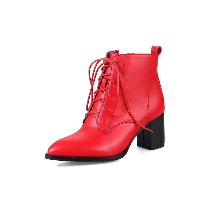 Fashion Ankle Boots For Women Casual Lace Up Autumn Spring Short Boot Female Thick Med Heel Black Red Shoes Lady Big Size 45 46