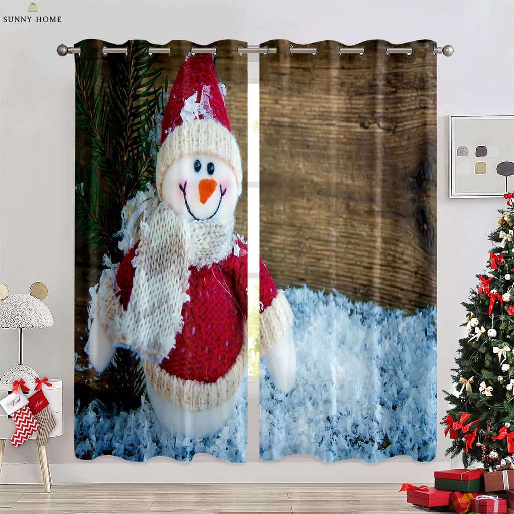 Cute Cartoon Snowman Christmas Decoration Curtains Bedroom Restaurant New Year Holiday Party Decoration Curtains 2 Pieces