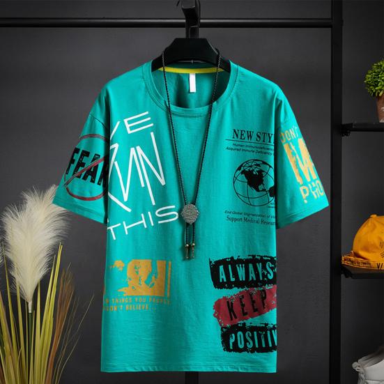 Men Summer T-shirt Hip Hop Round Neck Short Sleeves Breathable Individual Match Pants Loose Letter Print Men Summer Top Men Clothes