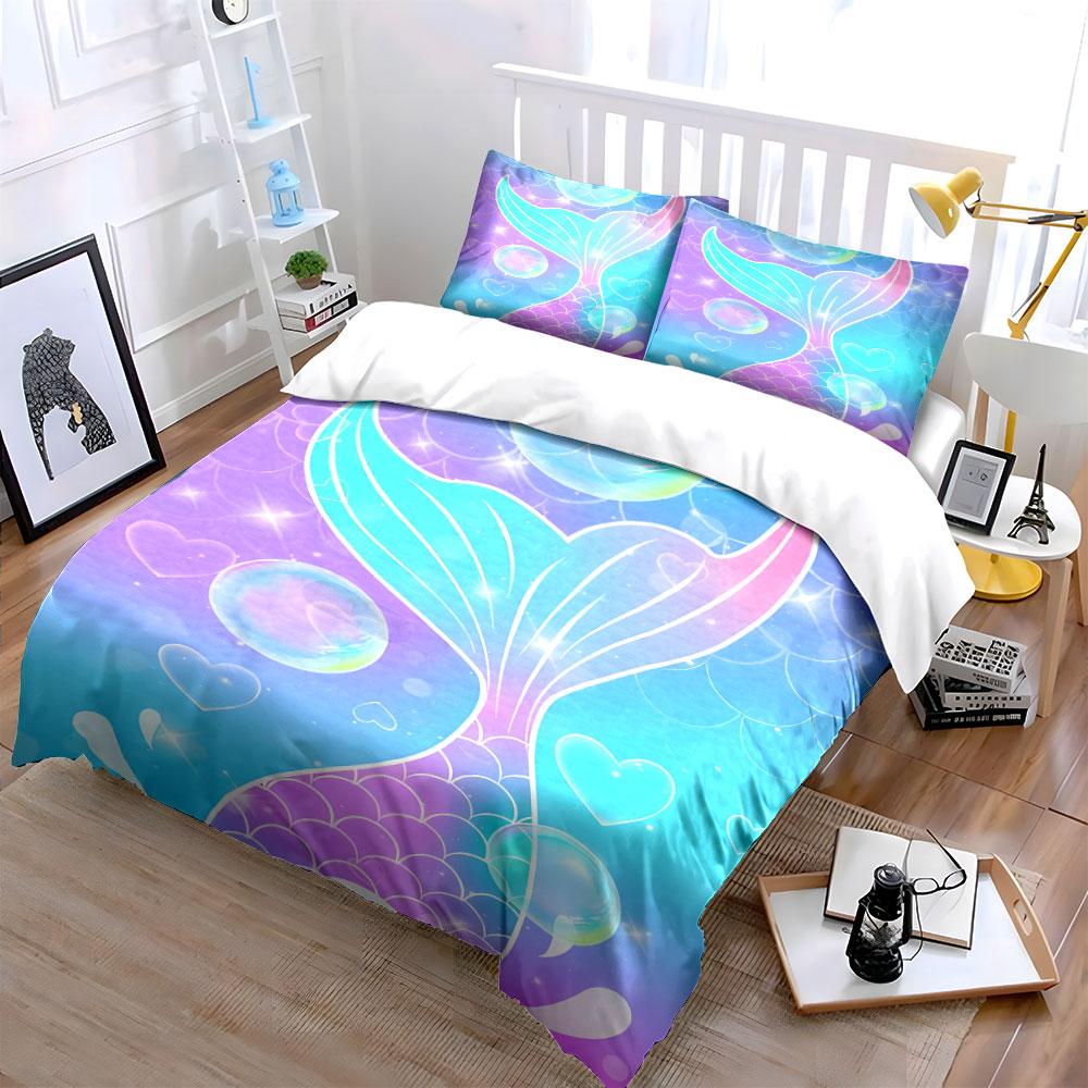Set Copripiumino Coda di Sirena Gradiente Pastello Cuore a Bolle Kawaii per Ragazze Include 1 Copripiumino e 2 Federe Regalo