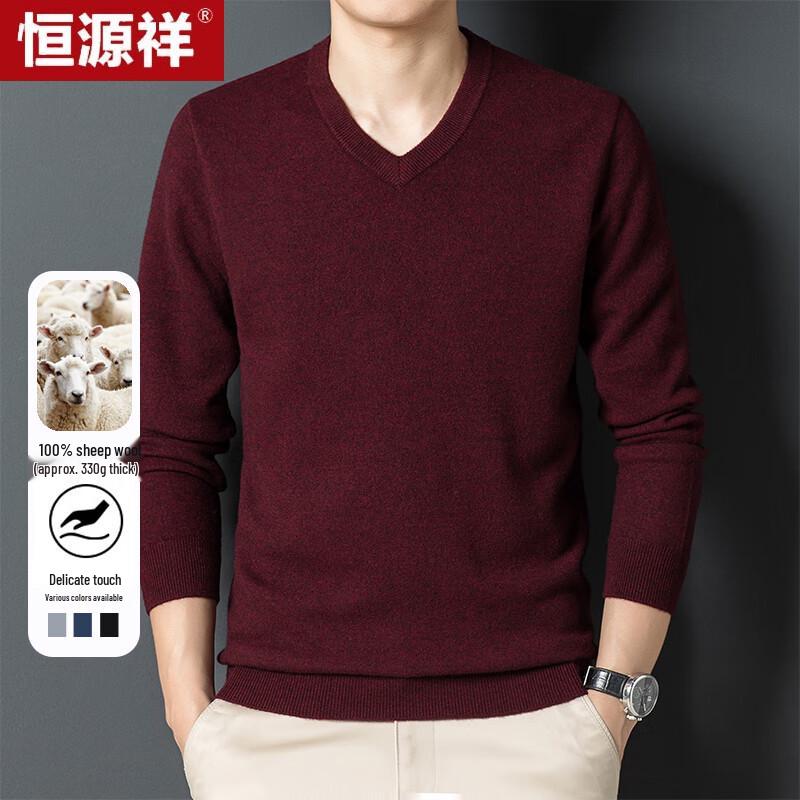 Hengyuanxiang Men's Thick Pure Wool V-Neck Pullover Sweater