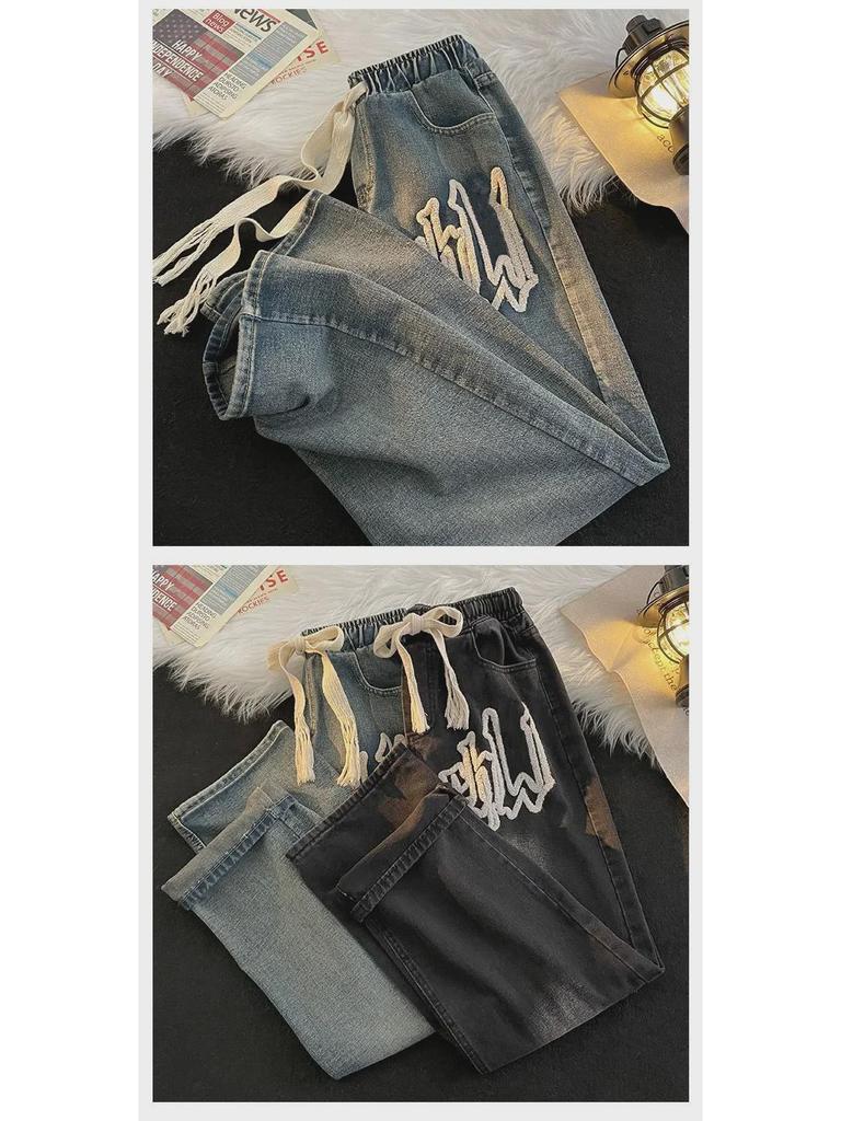 Męskie modne dżinsy proste na każdą porę roku z haftem