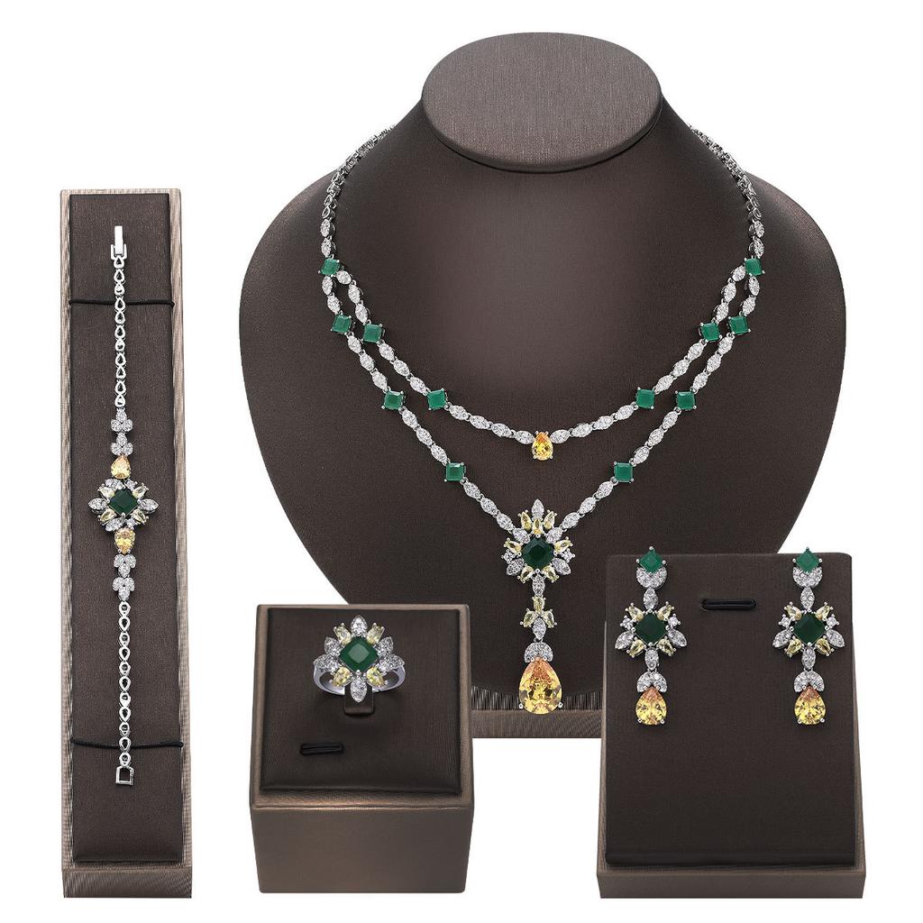 Saudi Dress Set Chain Fashion Heavy Industry Design Necklace Earrings Set Gorgeous Double-Layer Color Zircon Jewelry Set