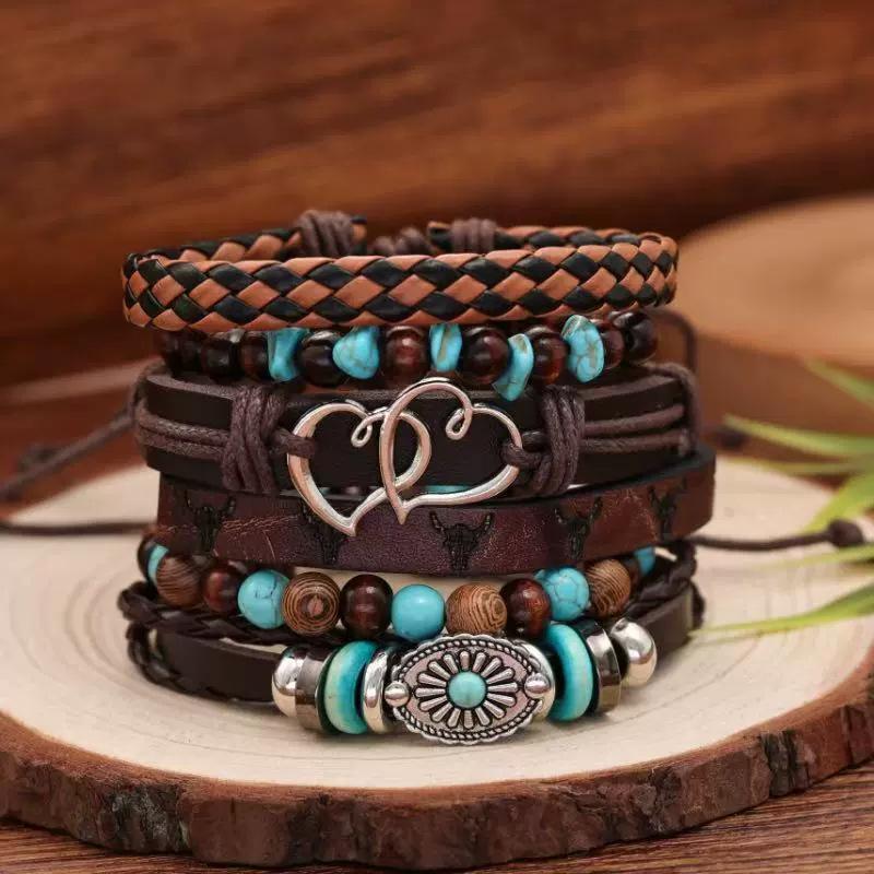 New Wood Bead Beaded Multi-layer Retro Flower Peacock Feather Heart-shaped Hand-woven Set Bracelet