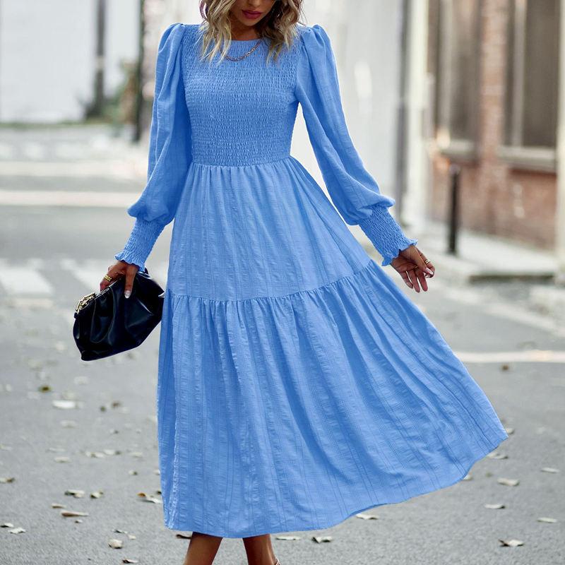 Sieviešu O Neck Puff piedurknēm vienkrāsains augsta jostasvieta Temperament Midi Swing kleita