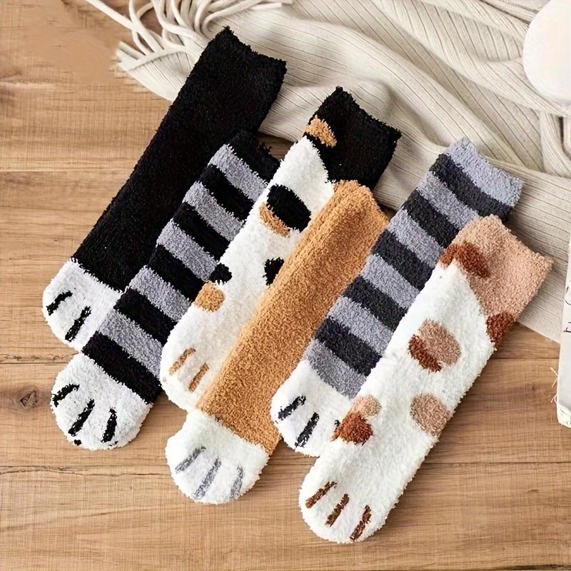 

6 pairs of unisex knee length cartoon cat paw socks, thick sleeping floor socks, comfortable for daily wear one-size