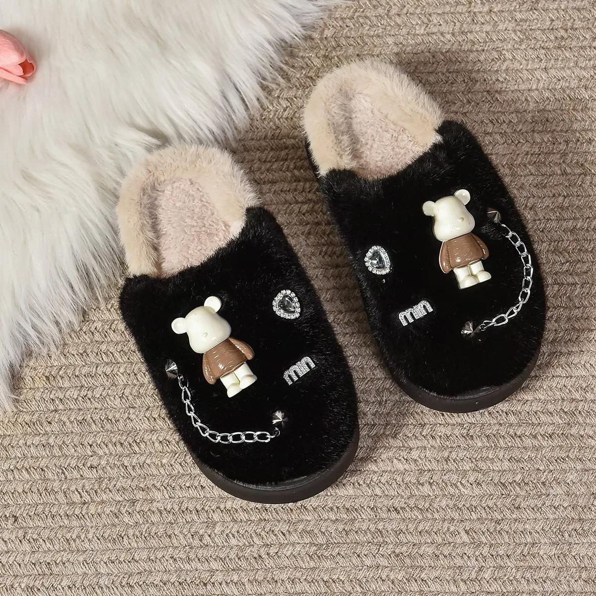 

Женские милые хлопковые тапочки с медведем 2024 года, новые пушистые женские домашние тапочки на платформе, зимние плюшевые тапочки для дома, милая хлопковая обувь 36-37 чёрный