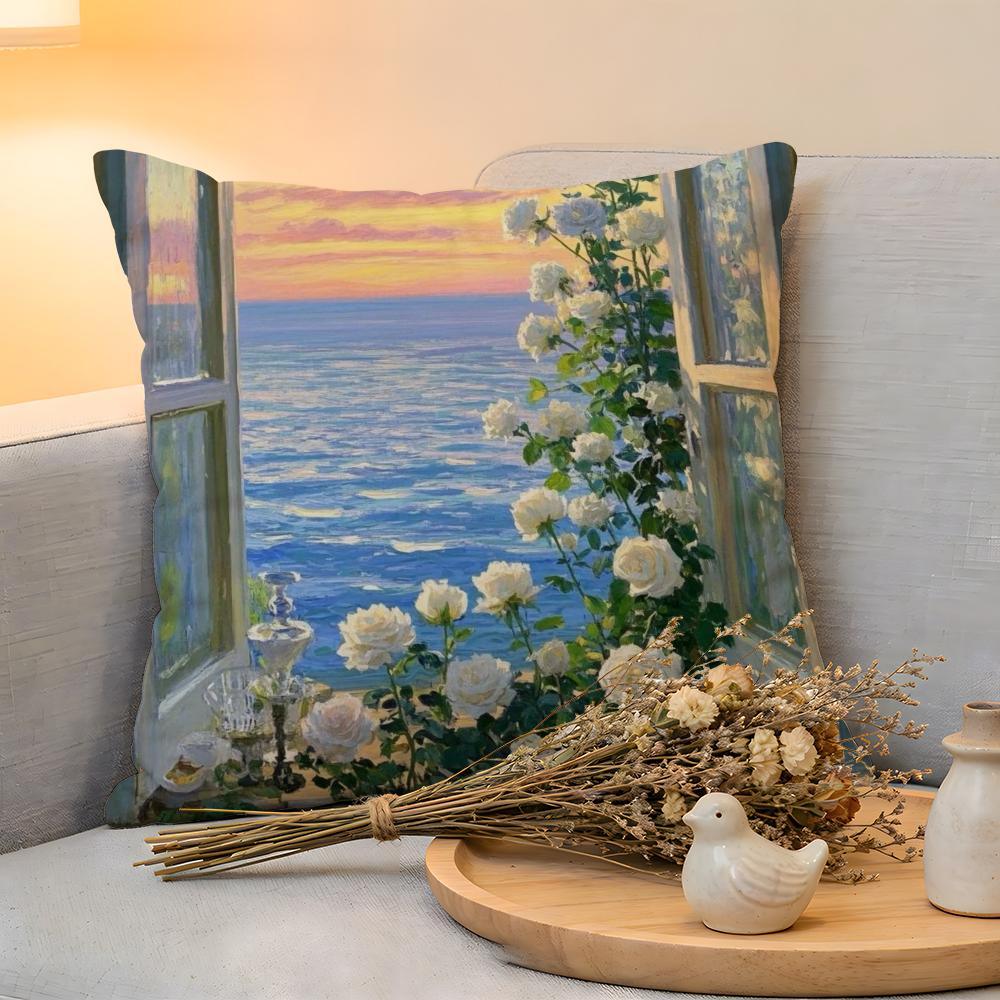 Cushion Cover  Linen  SkinFriendly Soft Decorative Case for Sofa Home Decor Landscape painting style Pillow cover