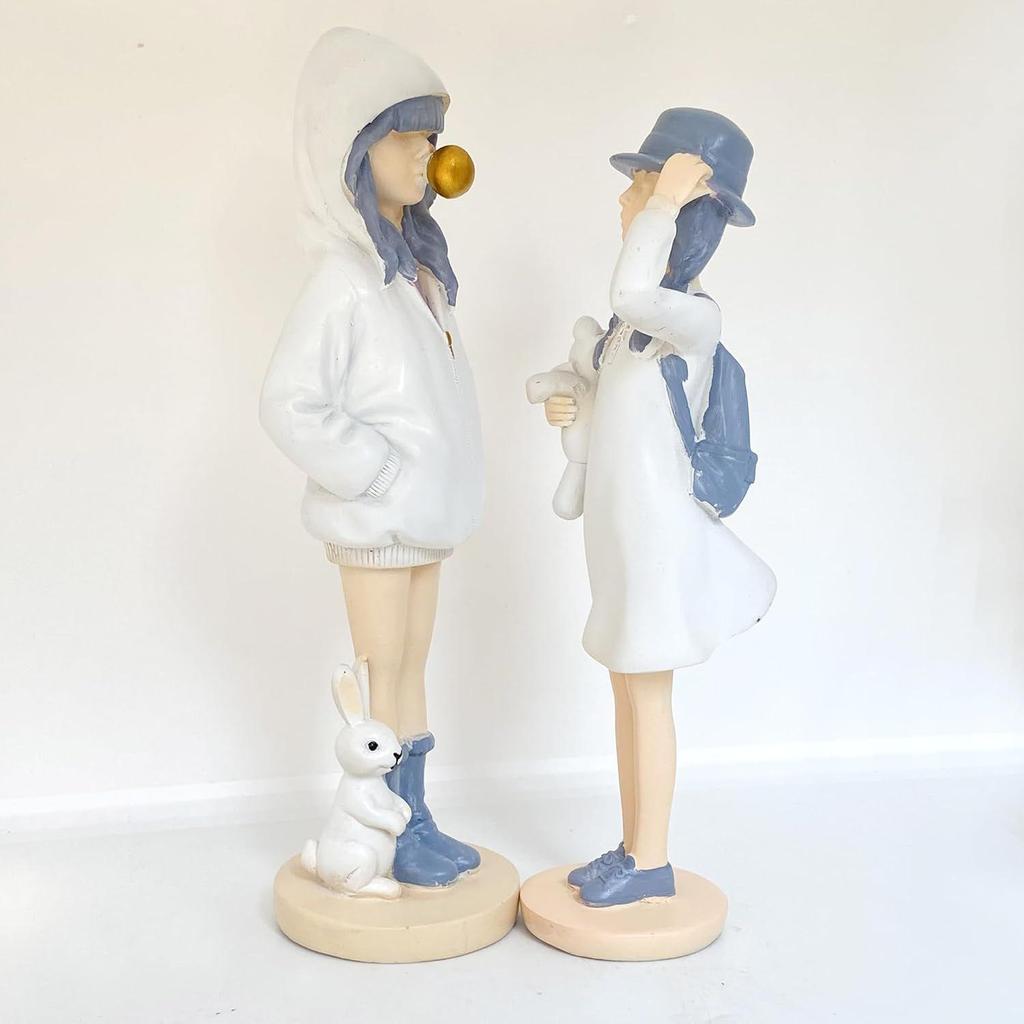 Cute Girls Statue for Home Decor | Table Decor (Pack of 2, White & Blue)