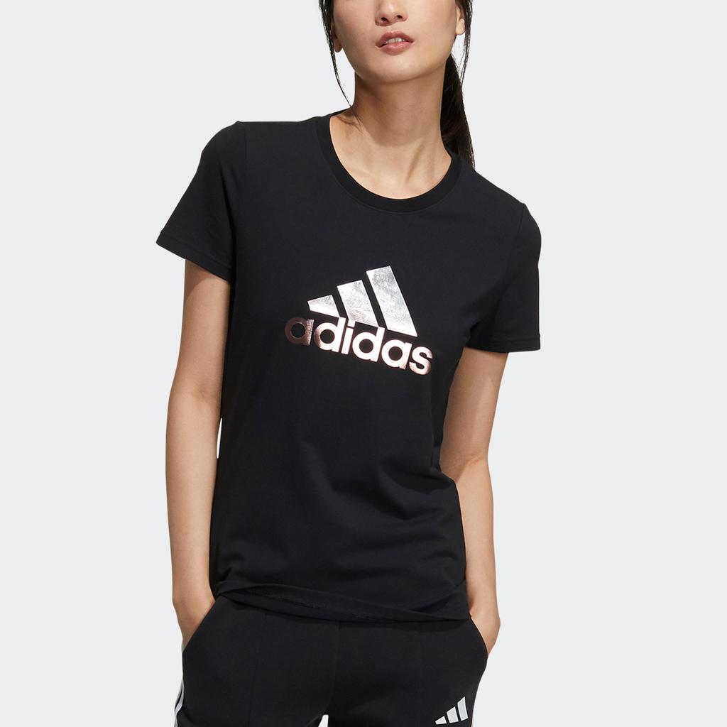 Adidas Foil Logo Print Sports Short Sleeve T-Shirt Women Tops Black GP0685