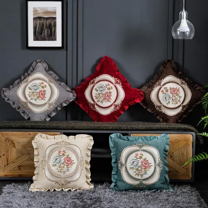 Jacquard Flower Cushion Pillowcase Retro European Style Living Room Sofa Backrest High Precision Embroidery Cushion Cover 45*45