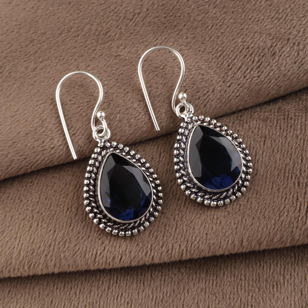 London Blue Topaz Gemstone Silver Earrings 1.3", 925 Sterling Silver Handmade Topaz Jewelry AEE-1-7