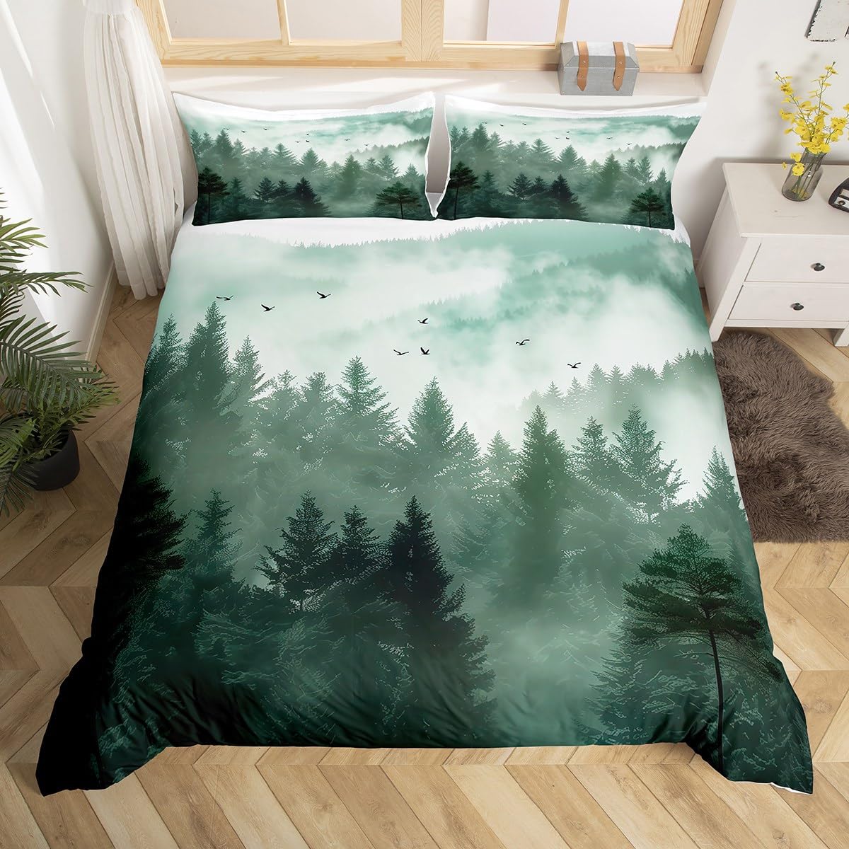 

Smoky Mountain Soft Duvet Cover Pineforest Comfortable Quilt Cover Twin King Wodlplus Tre Natural Scenery Beding Set for Young Boys Young Girls Rustic 120*200cm Single