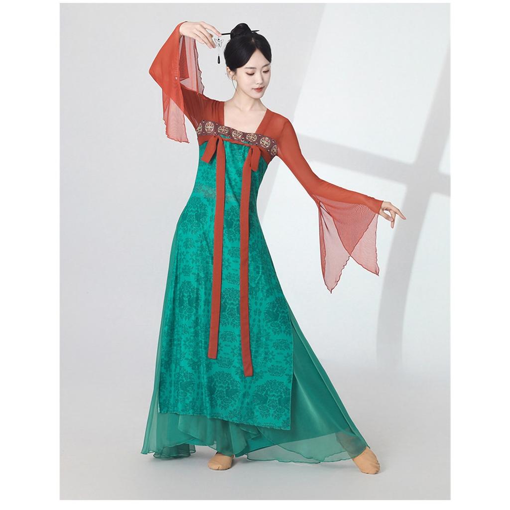 Women's Chinese Classical Dance Costume, Red Green Contrast Color Flowy Chiffon Performance Dress With Long Sleeves