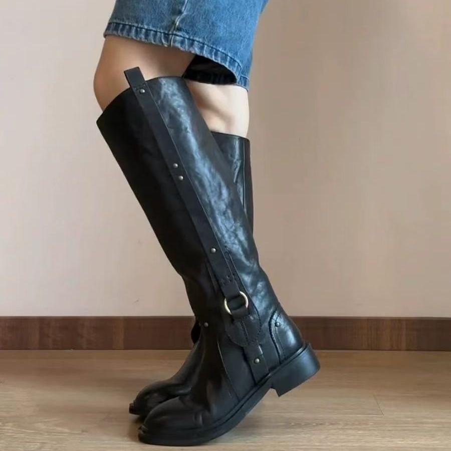 Cowhide version~ Heroic but knee high boots women's knight boots round head thick heel 2025 autumn and winter Martin boots