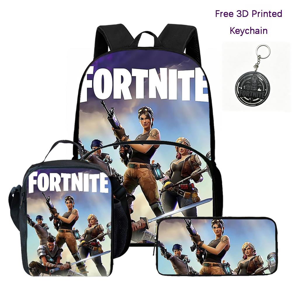 FORTNITE 3Pcs School Kit Lightweight Backpack Front Pocket Lunch Pouch Pencil Bag For Kids Age 6-10,Free 3D Printed Keychain