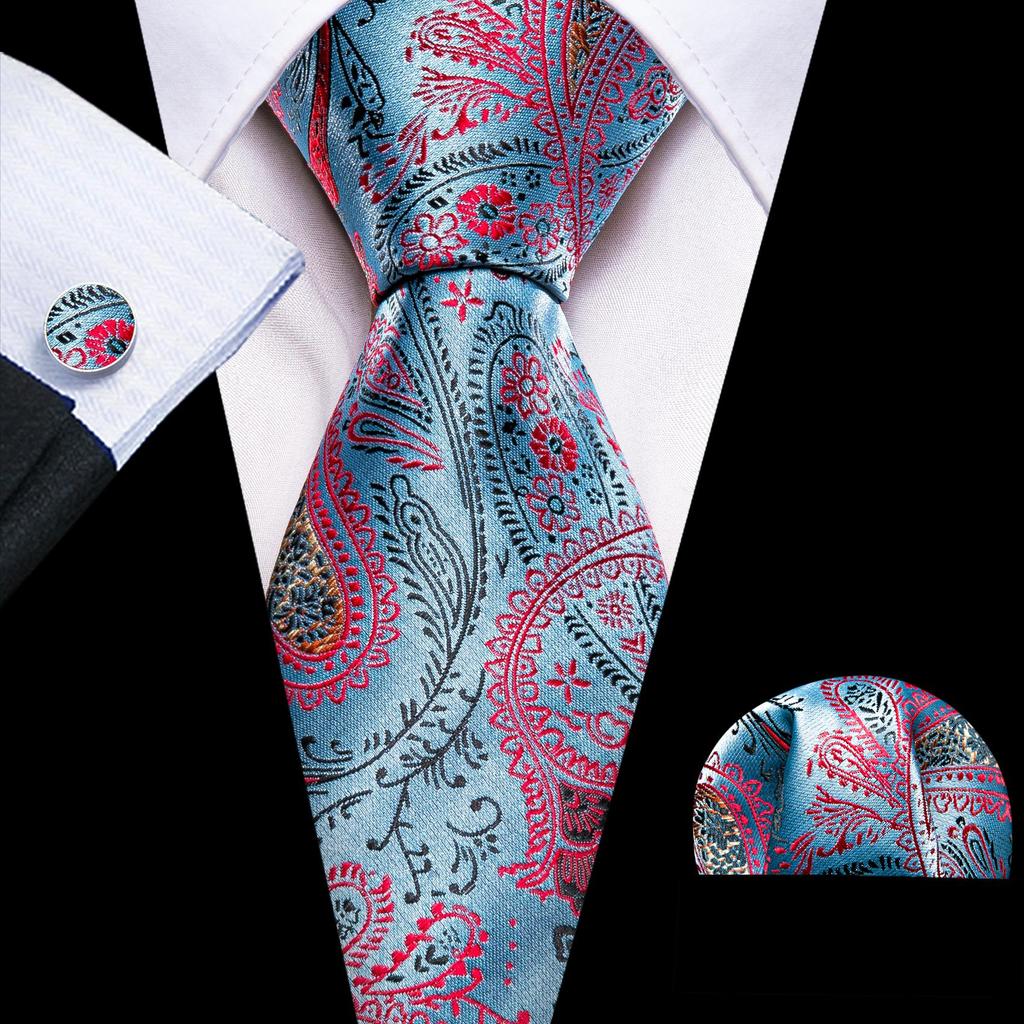 Barry.Wang Krawatten-Taschentuch-Manschettenknöpfe-Set, exquisites, saphirblaues Muster, Jacquard-Gewebt, Hochzeit